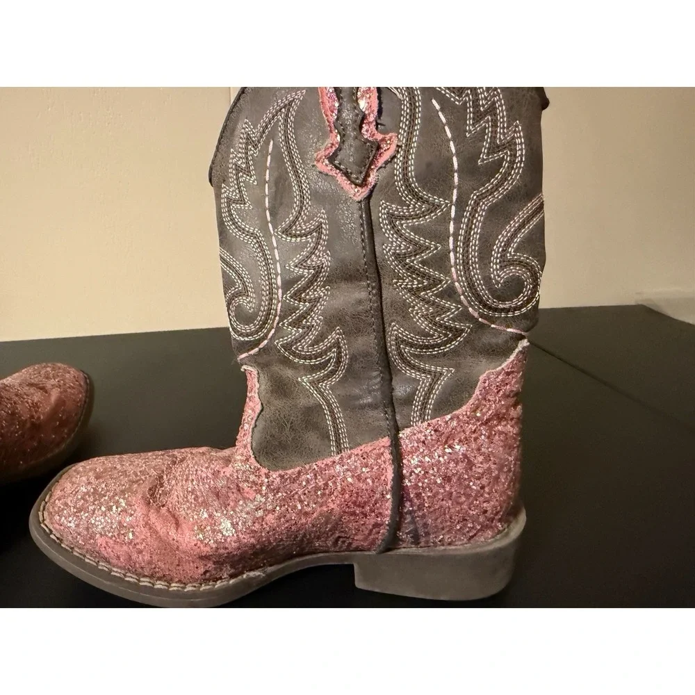 Roper Girls Pink Glitter Western Cowgirl Boots Brown Square Toe Pull On